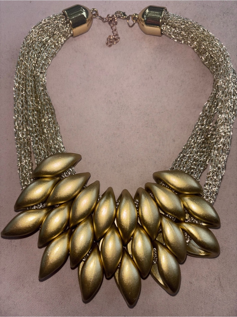 Gold Tone Statement Bib Necklace Chunky Leaf Petal Collar